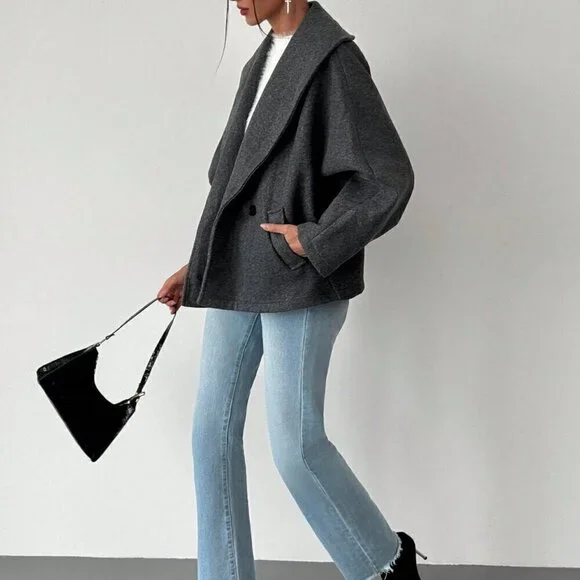 Grey Casual Women's Gray Elegant Wool Blend Lapel Coat - Picture 5 of 7